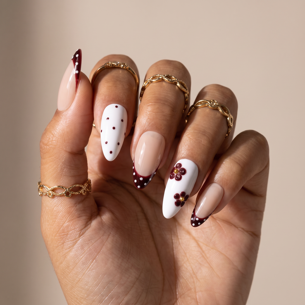 Vintage Burgundy Floral & Porcelain Dots