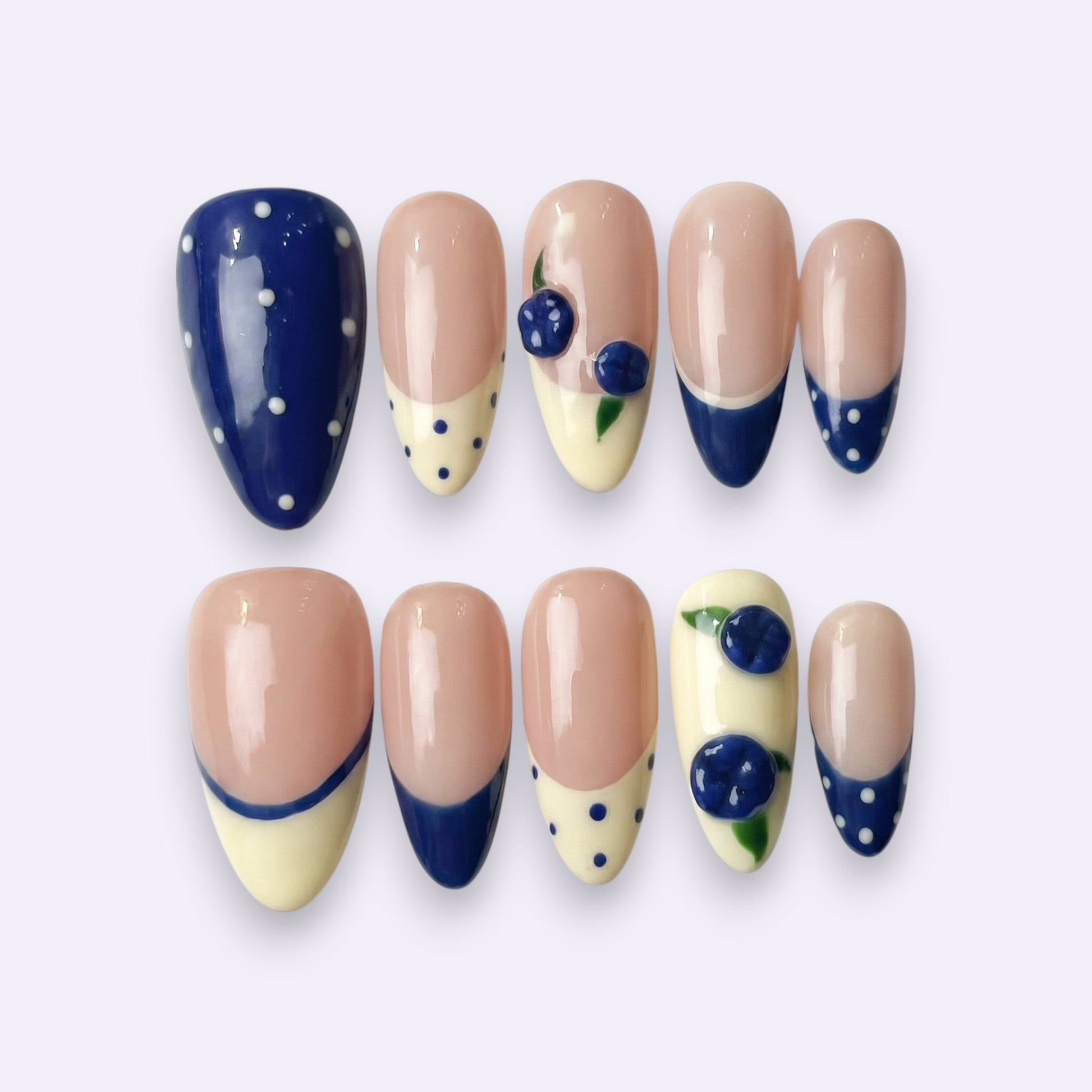 PearlFizzy handmade press-on nails with 3D blueberry and blue French tips
