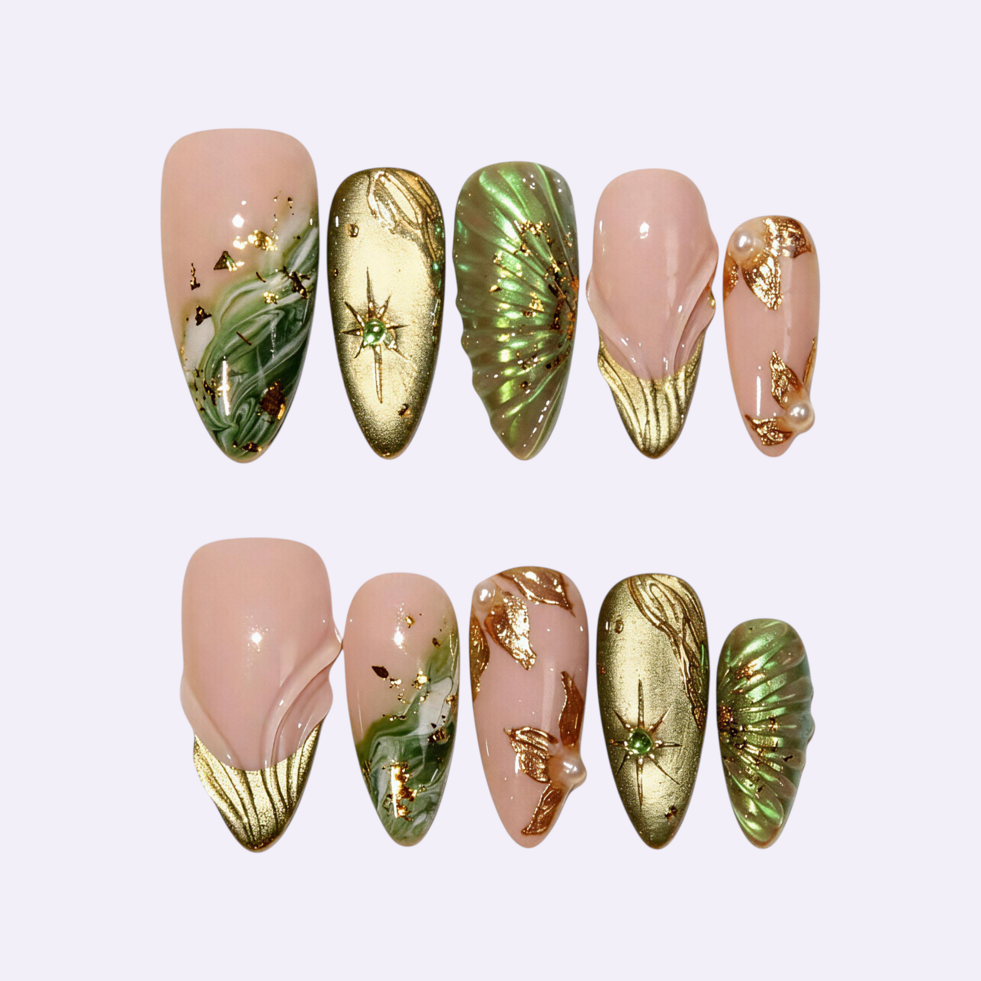 PearlFizzy Mint Glint press-on nails with green marble, gold leaf, pearl accents, and star details.