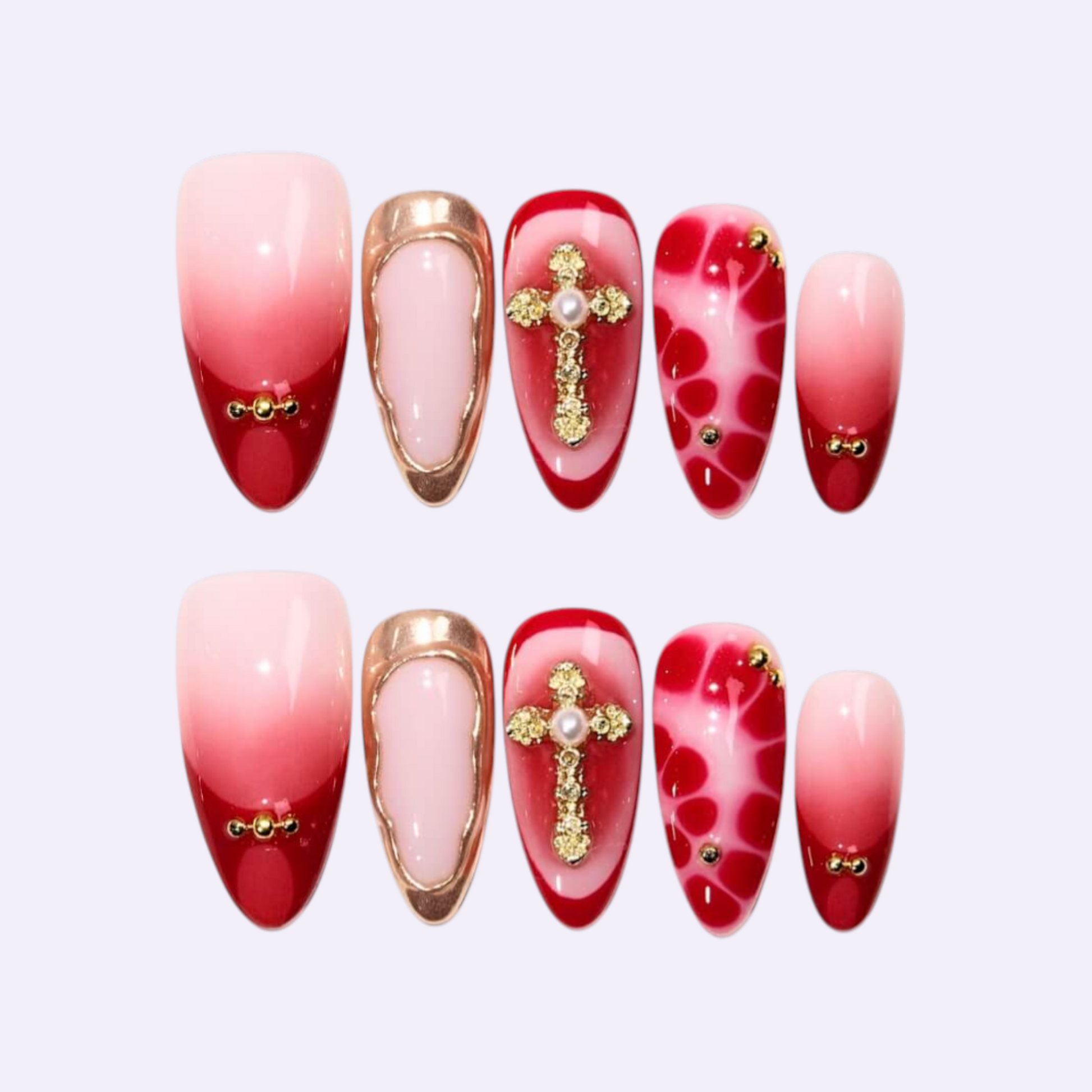 PearlFizzy Baroque Blossom press-on nails with 3D gold cross, pearl, and red/pink ombre design.